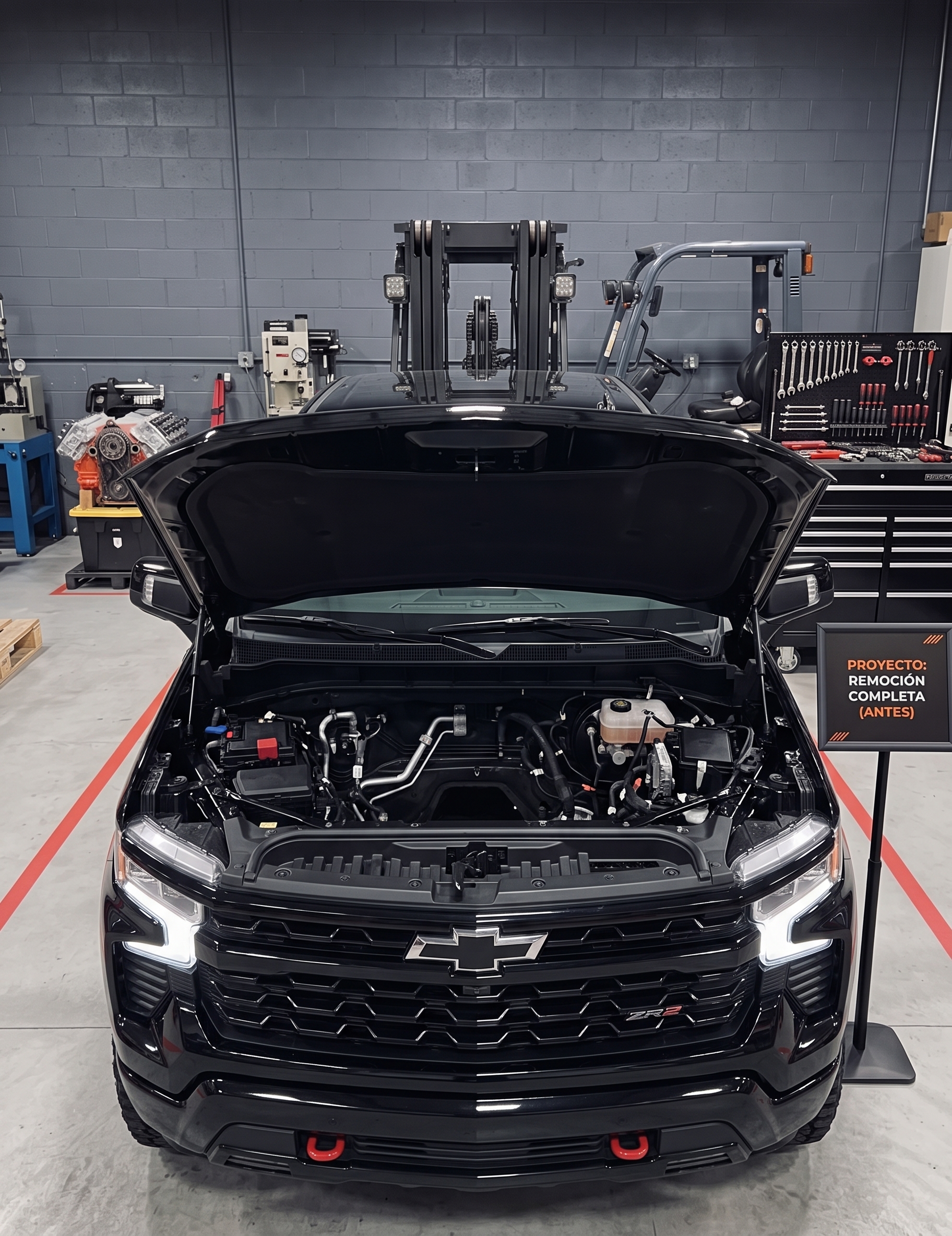Hyundai con la bahía del motor vacía antes del trabajo